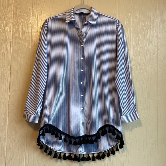 Zara Striped High Low Tassel Hem Button Down Shirt - Picture 2 of 8